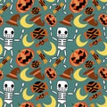 Happy halloween vector seamless pattern with skeletons, witch hats, candies, moons and pumpkins